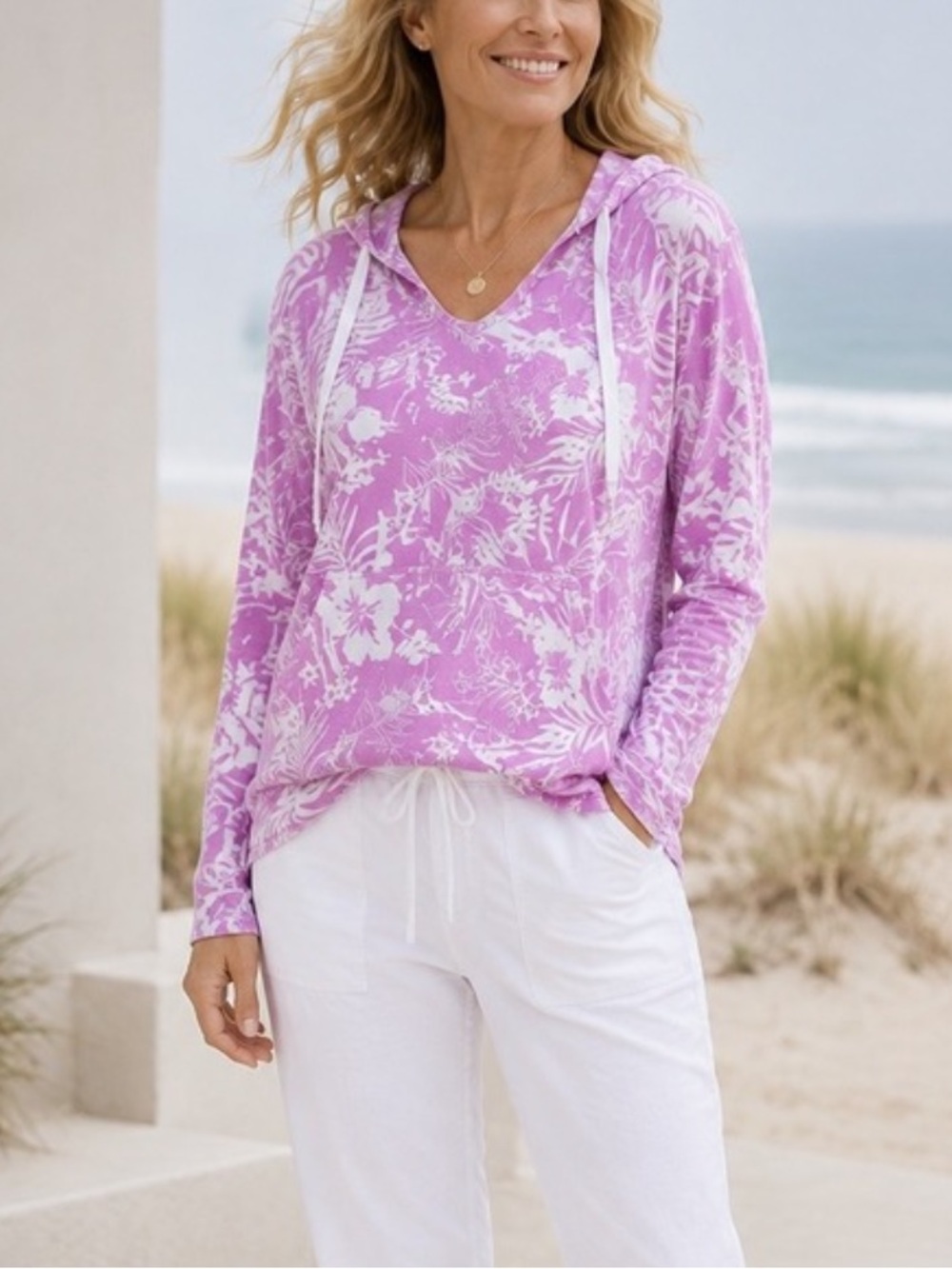 KOOLABURRA Lightweight Floral Hoodie Top XL Stretchy Knit Tropical Beach Casual